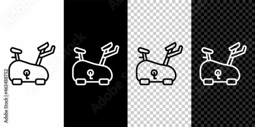 Set line Stationary bicycle icon isolated on black and white background. Exercise bike. Vector