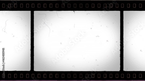 IMAX Film Frame 4K with Sprocket Hole and Noise, Dust, Hair, Scratches on Old Damaged Film Seamless Texture. Animated Only Perforation Frame is Motionless. Tape Loop. Opacity or Screen Mode Usage 
