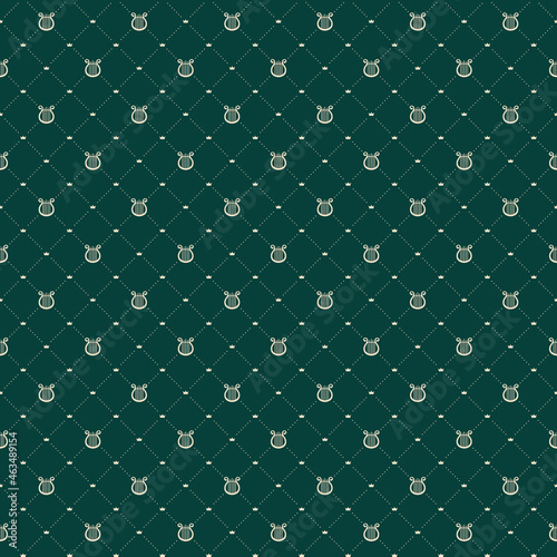 Harp royal classic musical vector seamless pattern on dark green luxury background. Retro traditional textile fashion backdrop.