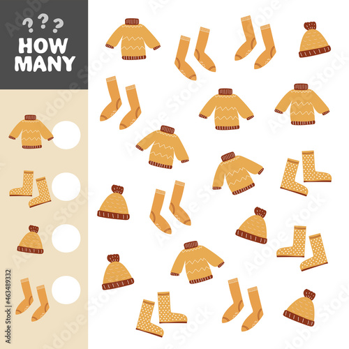 Fall counting game with warm clothes. Math activity for preschool children. How many objects worksheet. Educational riddle with cute funny pictures