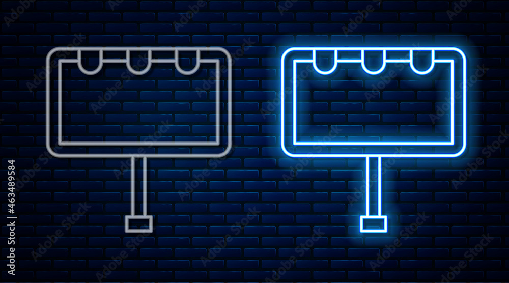 Glowing neon line Blank big billboard with lights icon isolated on brick wall background. Vector