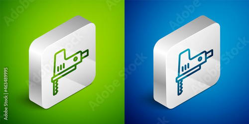 Isometric line Electric jigsaw with steel sharp blade icon isolated on green and blue background. Power tool for woodwork. Silver square button. Vector