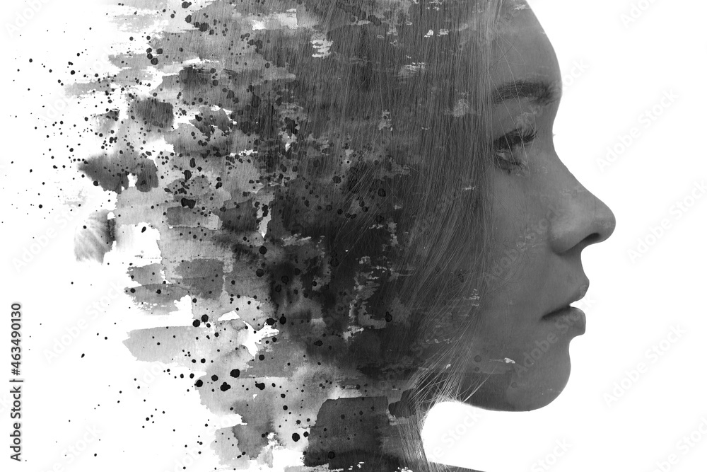 Paintography. A black and white profile portrait of a woman combined with various watercolor strokes and splashes.