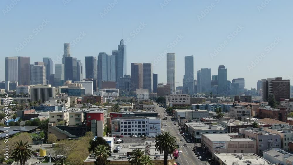 Aerial Los Angeles Downtown MacArthur Telephoto Palm Trees L California USA Aerial Los Angeles Downtown MacArthur Telephoto Palm Trees L California USA