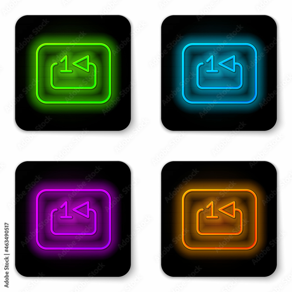 Glowing neon line Repeat track music player icon isolated on white background. The sign is a round curved arrow and the number one. Black square button. Vector Glowing neon line Repeat track music player icon isolated on white background. The sign is a round curved arrow and the number one. Black square button. Vector