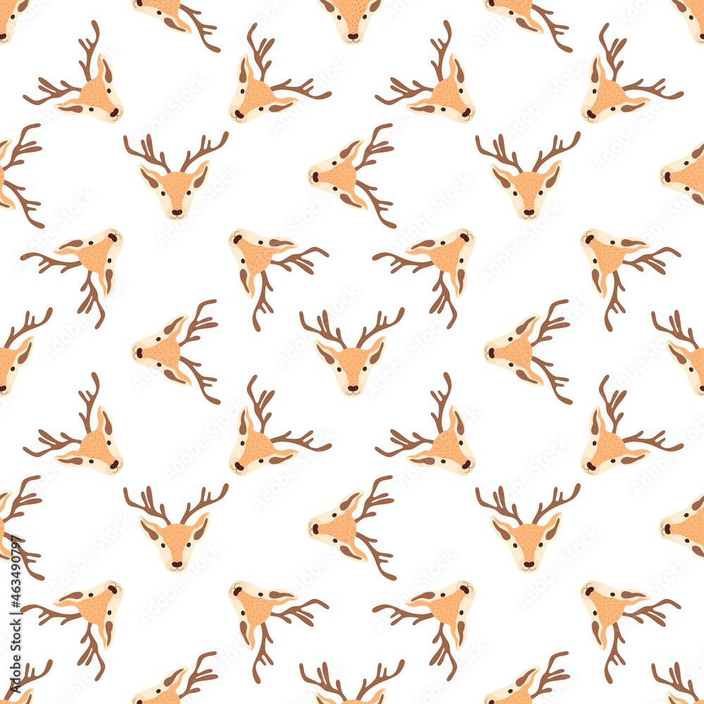 Fototapeta premium Christmas pattern with heads of reindeers on a white background. Vector illustration 