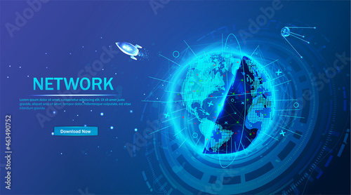 Vector. Planet Earth from space. Flickering lights of cities. Map of the mainland. Global communications system and the World Wide Web. Technologies and communications. Globalization. Luminous sphere.