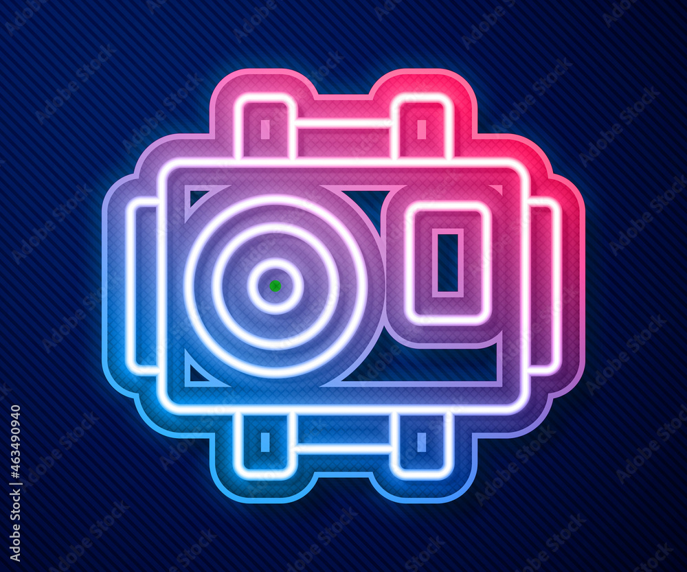 Glowing neon line Photo camera for diver icon isolated on blue background. Foto camera icon. Diving underwater equipment. Vector Glowing neon line Photo camera for diver icon isolated on blue background. Foto camera icon. Diving underwater equipment. Vector