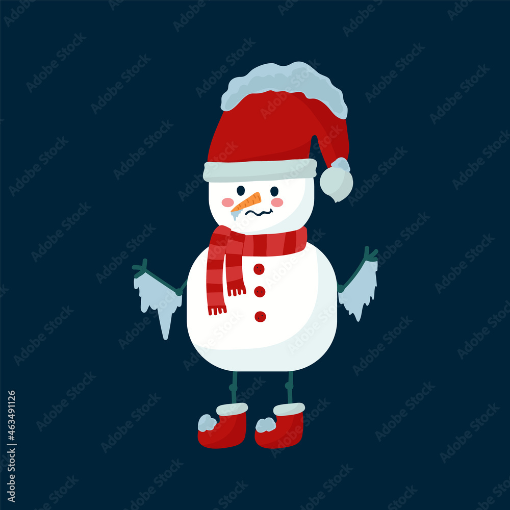 A frozen snowman in a red hat and scarf. A man made of snow with an icy nose and snow on his head. A Christmas character. A cute postcard or poster for the new year. Vector illustration