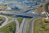 Transport junction traffic road. Aerial high above view of modern road junction. Top down view of traffic 