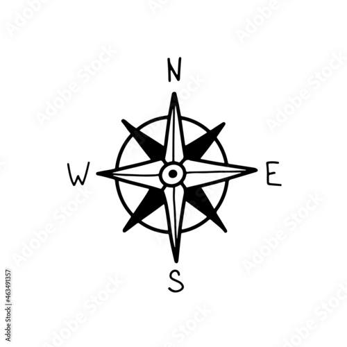 Compas icon hand drawn isolated on white background. Doodle geography symbol, simple logo. Compass signs with wind rose. Vector illustration