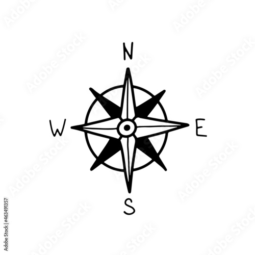 Compas icon hand drawn isolated on white background. Doodle geography symbol, simple logo. Compass signs with wind rose. Vector illustration