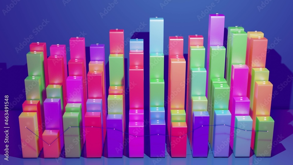 Fototapeta premium 3d render. Multicolor bars, counters and graph. Beautiful 3d background for analytical programs with abstract infographics, statistical data. 3d columns as financial bg