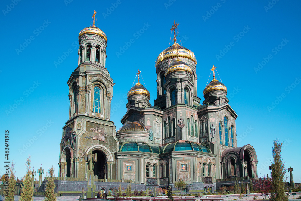 Cathedral of the Resurrection in Patriot Park against the blue sky on a clear sunny day. Architecture Russia World Tourism.