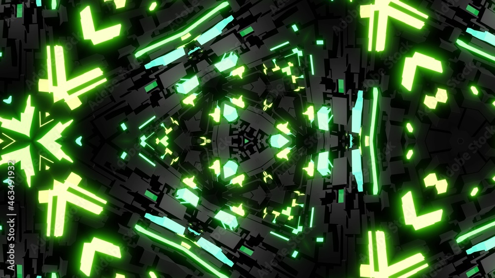 3d render. Abstract background with symmetrical structures like kaleidoscope with lighting bulbs, multicolor neon lights. Geometric dark background with 3d objects