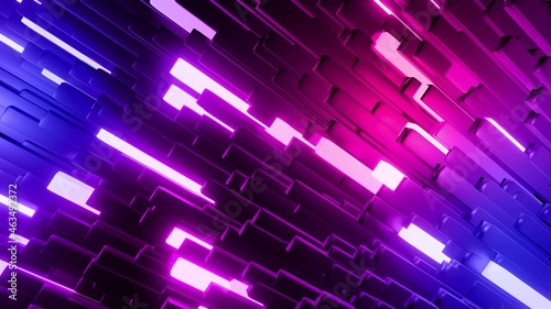 3d render. 3d abstract simple geometric background with red blue blocks like light bulbs flashing neon lights. Creative simple motion design bg with 3d objects. photo