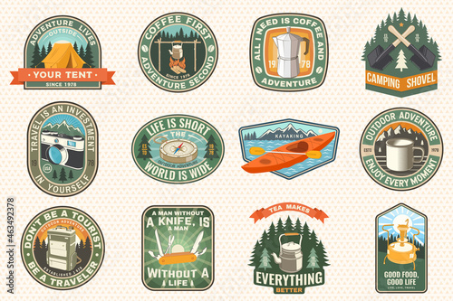 Summer camp with design elements. Vector illustration. Camping and outdoor adventure emblems. Typography design with retro camping tea kettle, pocket knife, camping tent, mug and forest silhouette.