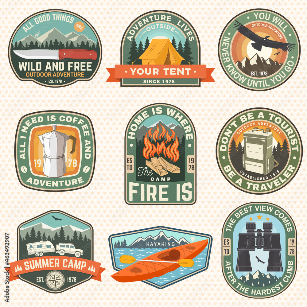 Set of Summer camp patches. Vector illustration. Concept for shirt or logo, print, stamp, badges or tee. Design with condor, kayak, camping tent, binoculars, campfire, mountains and forest silhouette. - obrazy, fototapety, plakaty 
