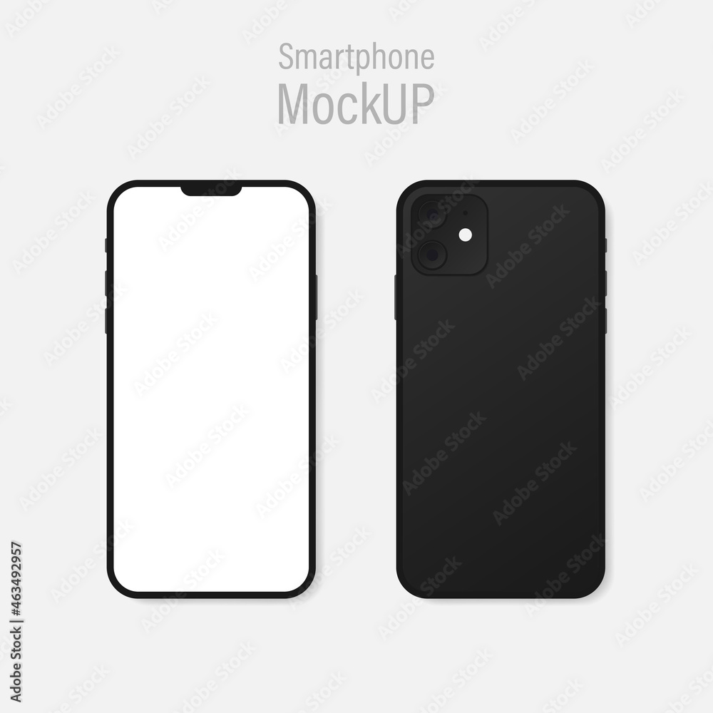 Realistic dark grey Smartphone mockup. Phone blank screen in Front and back view on gray background. Vector EPS 10 Realistic dark grey Smartphone mockup. Phone blank screen in Front and back view on gray background. Vector EPS 10