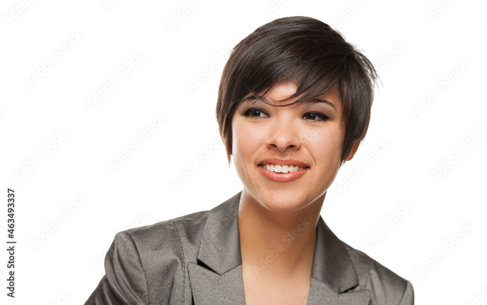Pretty Mixed Race Girl Looking To The Side Isolated Against White Background. Pretty Mixed Race Girl Looking To The Side Isolated Against White Background.