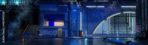 Cyberpunk concept wide panoramic 3D illustration of a seedy downtown street in a futuristic city. photo
