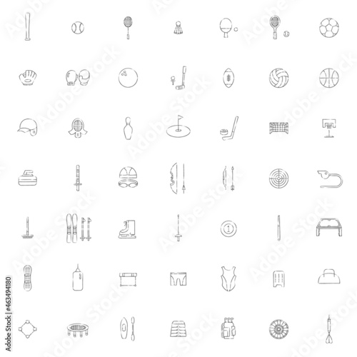 スポーツ用品の筆書きイラストアイコンセット