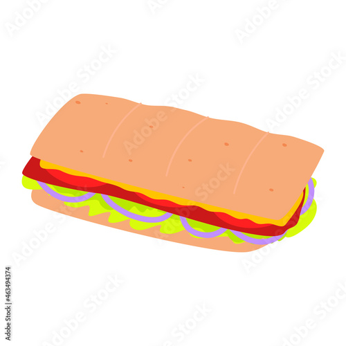 Flat vector cartoon long rectangular sandwich with tomatoes, onions, meat and lettuce leaves. A quick-cooking sandwich. Street food isolated on a white background.