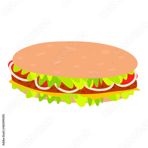 Flat vector cartoon long sandwich with tomatoes, onions, meat and lettuce leaves. A quick-cooking sandwich. Street food isolated on a white background.