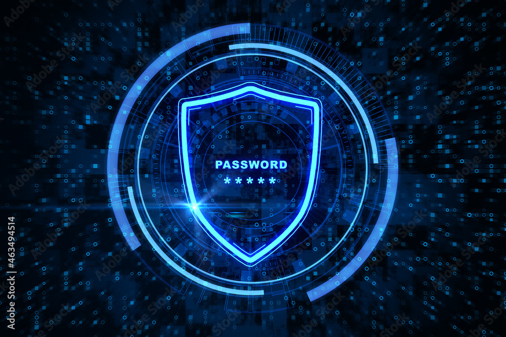 Abstract glowing shield with password icon on dark binary code background. Login, database and security concept. 3D Rendering.