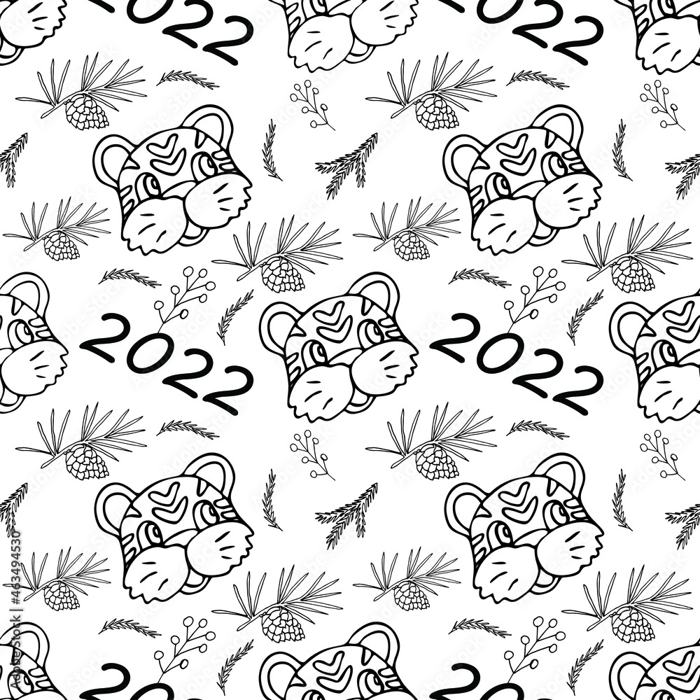 Fototapeta premium Hand drawn seamless pattern with tiger, cute symbol of the new year 2022. Cartoon vector illustration for wrapping paper, greeting cards, calendars, fabric, banners, web, design 