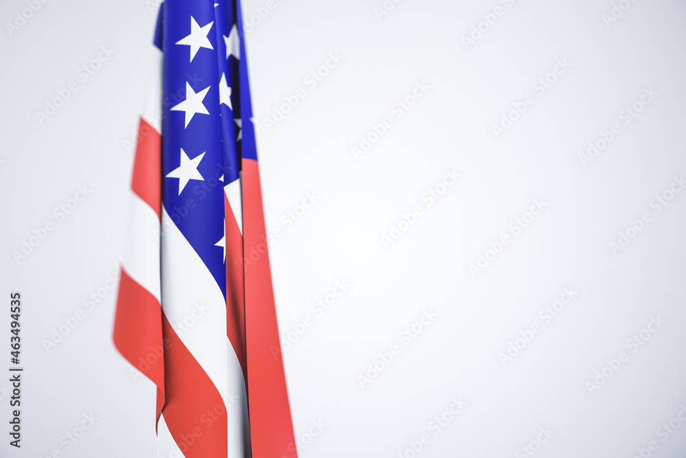 Creative blurry folded american flag on white background with mock up place. National freedom, celebration, independence and holiday concept. 3D Rendering.