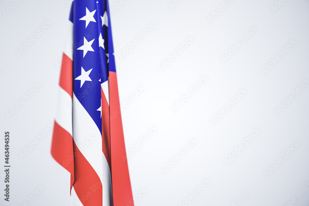 Obraz premium Creative blurry folded american flag on white background with mock up place. National freedom, celebration, independence and holiday concept. 3D Rendering.