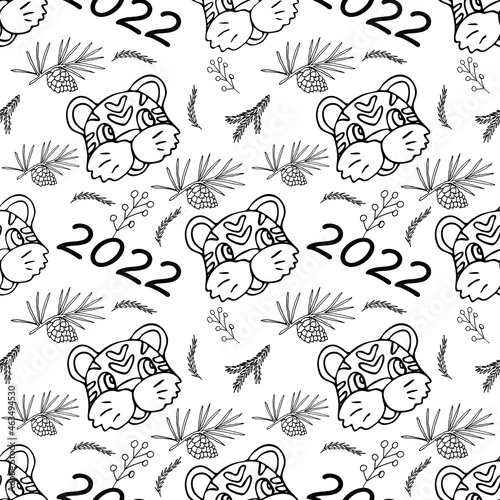 Hand drawn seamless pattern with tiger  cute symbol of the new year 2022. Cartoon vector illustration for wrapping paper  greeting cards  calendars  fabric  banners  web  design 