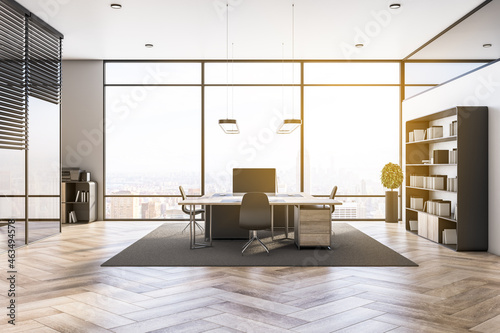 Modern office interior with equipment  furniture  sunlight  window with city view and wooden flooring. Worplace and workspace concept. 3D Rendering.