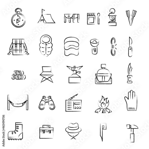 キャンプ道具の筆書きイラストアイコンセット