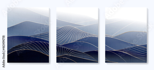 Art background with mountains in the fog decorated with golden lines in an oriental style.
