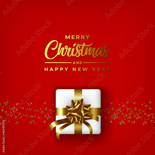 Merry Christmas And Happy New Year with realistic white gift box on red background