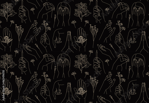 Seamless pattern with female hands and flowers. Vector illustration. Linear hand drawings. Collection of illustrations for packaging design for hand care products.