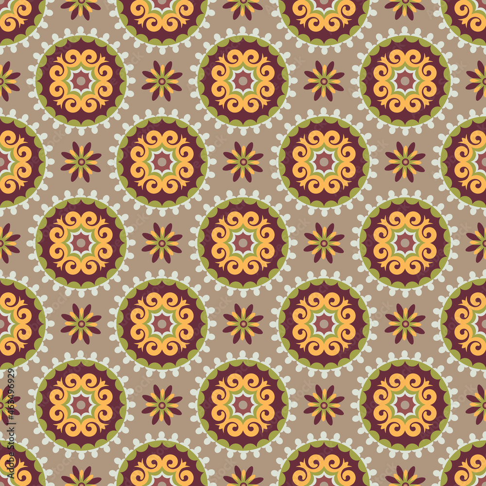 Central asian medallions and flowers, vector seamless design