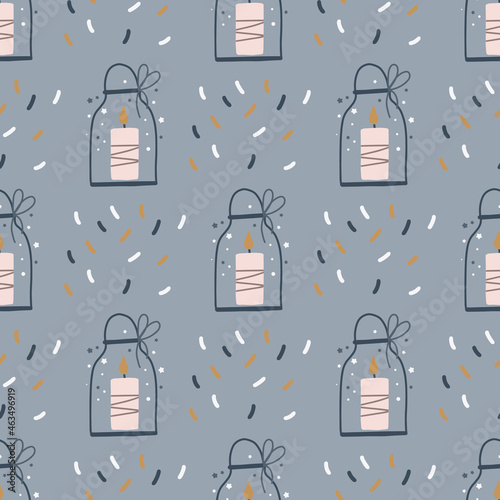 Christmas and Happy New Year seamless pattern with Christmas candle, fir branches and berries. Vector design template. Digital paper.