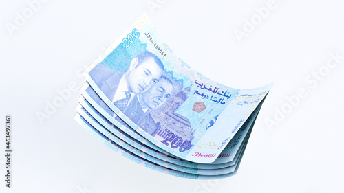 two hundred dirhams banknotes stacks isolated on white background, moroccan money, 200 dirhams, 3d render