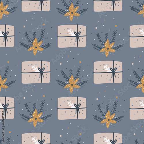 Christmas and Happy New Year seamless pattern with Christmas gift boxes, fir branches and berries. Vector design template. Digital paper.