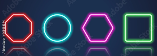 Glowing Neon Frames on Dark Blue Background Set. Frames with Neon Colored Border in Different Geometric Shapes. Collection of Shiny Neon Frames with Reflection Effect. Isolated Vector Illustration