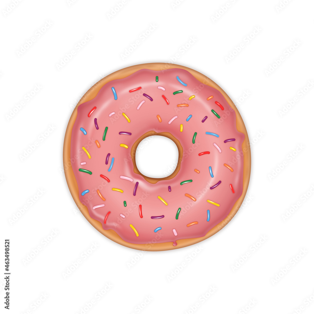 Pyszny donut z różową polewą i kolorową posypką. Smaczny deser z lukrem na białym tle. Ilustracja słodkiego jedzenia dla piekarni, cukierni, kawiarni, na menu, ulotki, plakat, kartki. Pyszny donut z różową polewą i kolorową posypką. Smaczny deser z lukrem na białym tle. Ilustracja słodkiego jedzenia dla piekarni, cukierni, kawiarni, na menu, ulotki, plakat, kartki.