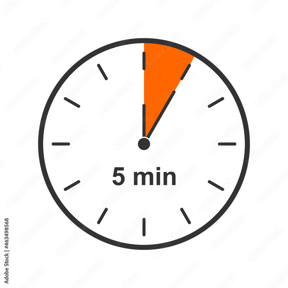 Clock icon with 5 minute time interval. Countdown timer or stopwatch symbol isolated on white background. Infographic element for cooking or sport game. Vector flat illustration. Clock icon with 5 minute time interval. Countdown timer or stopwatch symbol isolated on white background. Infographic element for cooking or sport game. Vector flat illustration.