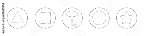 Outline dalgona sugar honeycombs, sponge candies, ppopgi or bbopki set. Traditional Korean snacks with dotted stamps in triangle, square, umbrella, circle, star shapes. Editable stroke.