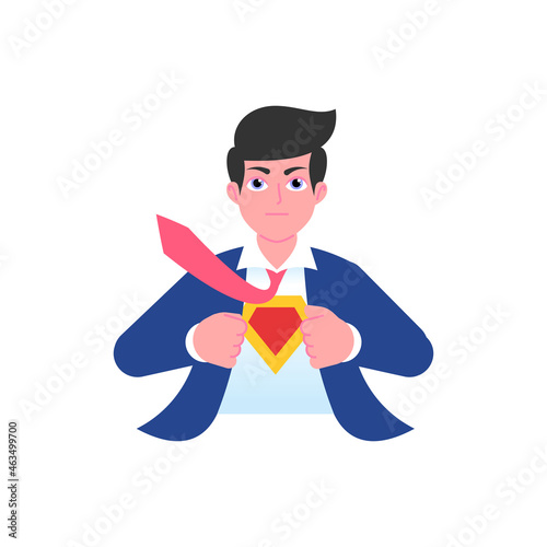 Superhero businessman rips open his shirt and shows superman sign. Leadership concept. Male emoji character with different emotion and gesturing. Vector illustration isolated on white background