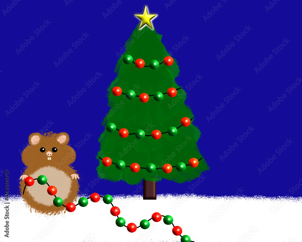 Fototapeta premium Cute cartoon hamster decorating a Christmas tree