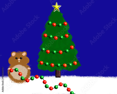Cute cartoon hamster decorating a Christmas tree