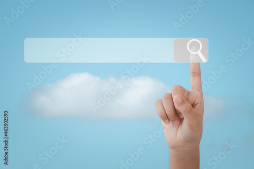 Search engine for data Information networking searching concept, Business women  clicking internet search page on computer touch screen on cloud space background.